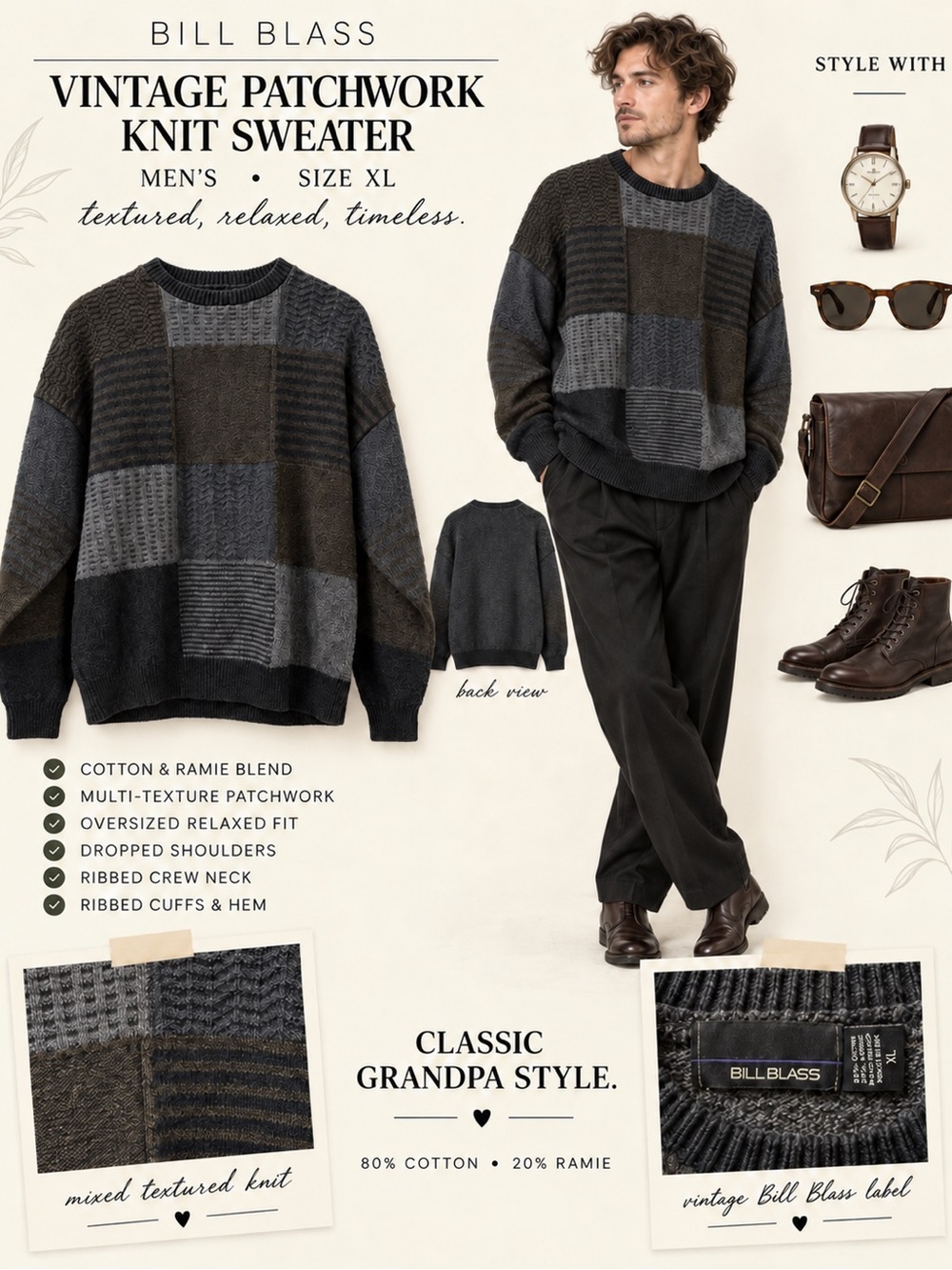 Vintage 90s Bill Blass Patchwork Textured Knit Grandpa Sweater XL